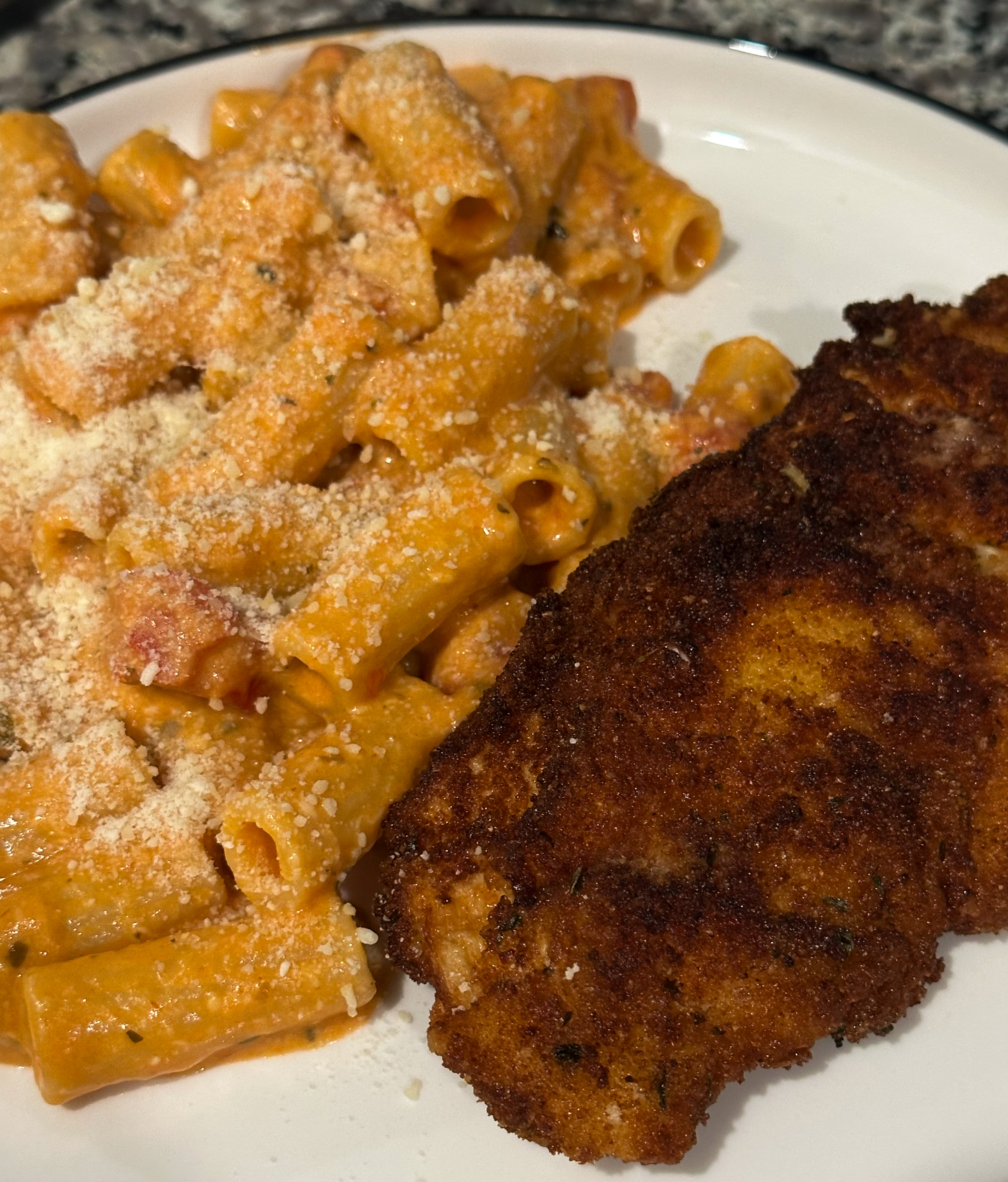 Fried Chicken and Creamy Rigatoni